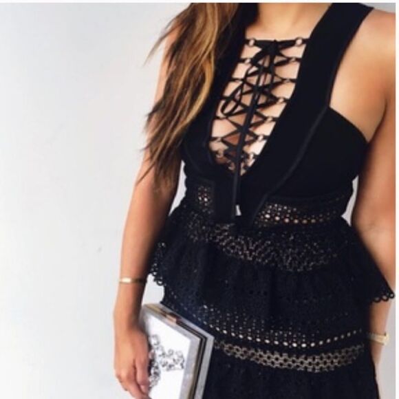 New Self-Portrait Lace Up Plunging V Ruffle Mini Dress Black Size 4 - Picture 3 of 16